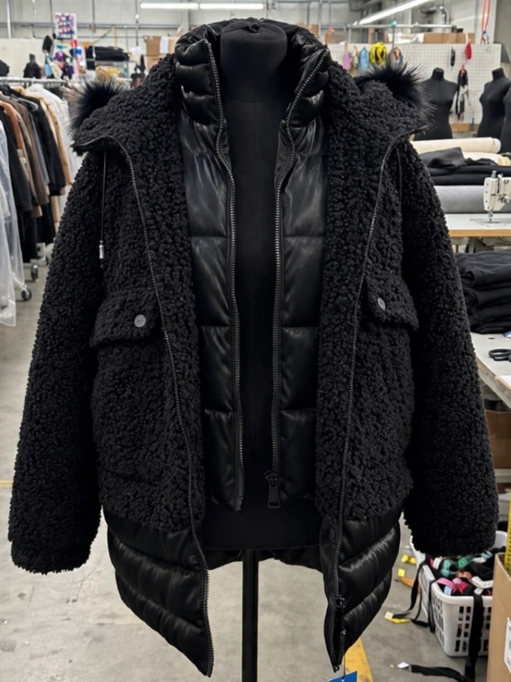 Donna Karan Black Faux Shearling & Quilted Puffer Jacket